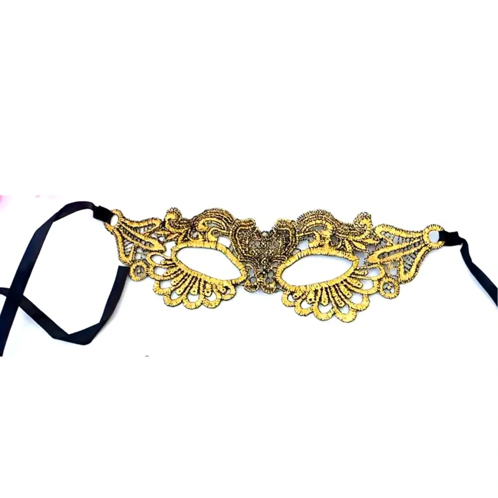 Masquerade Eye Mask Gold & Black Embroidered W/ Side ties NEW